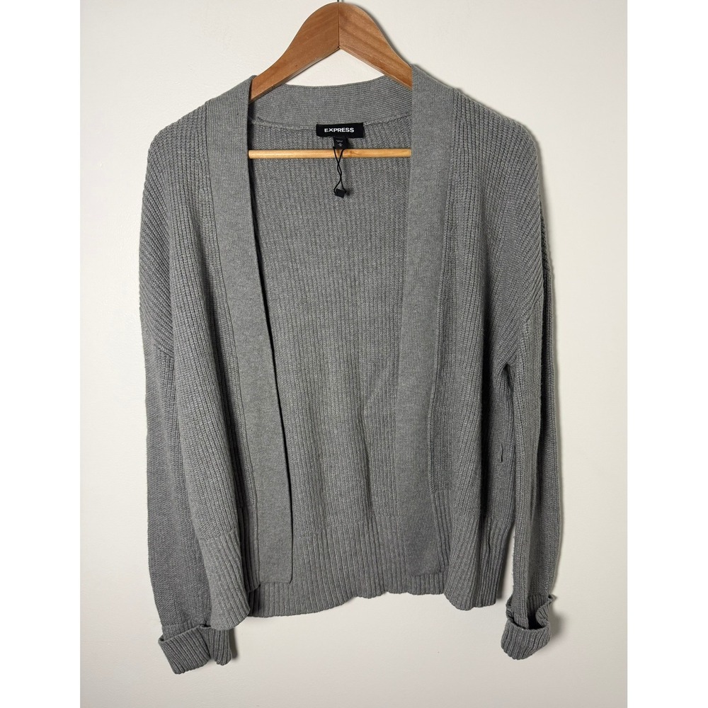 Express Womens Gray Ribbed Open Front Cardigan Sweater Medium 008411649